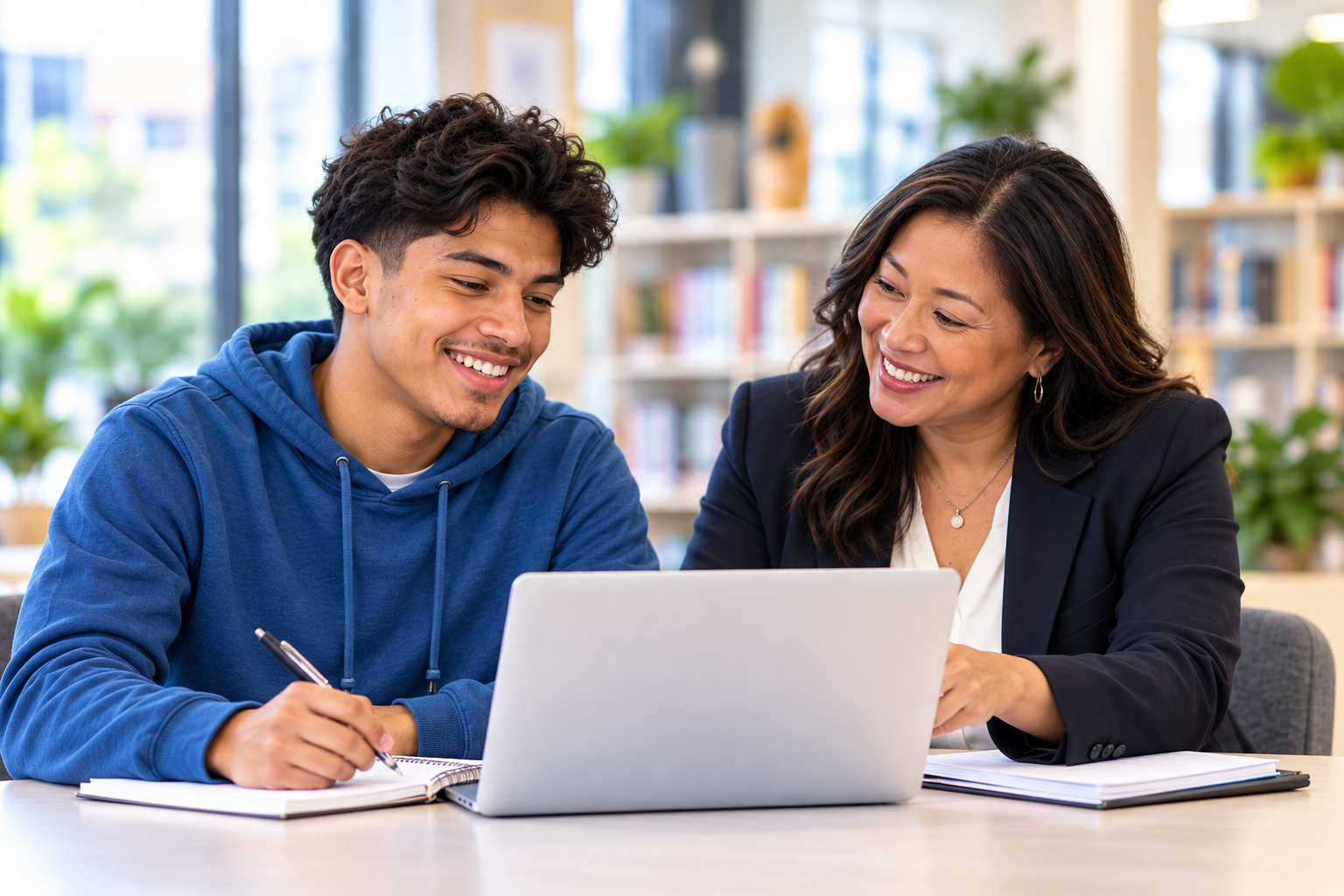 Young-adult student collaborating with an education coach at a laptop.