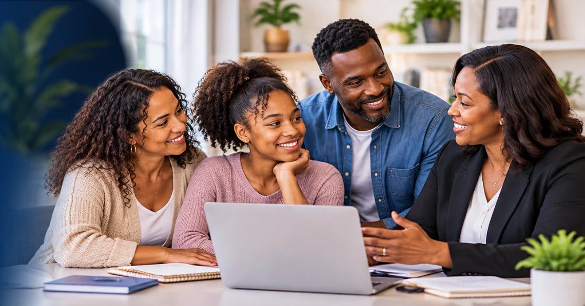 A family and an education consultant smiling together while reviewing a laptop and documents at a table